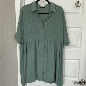 Green Button-Up Tunic Shirt Dress